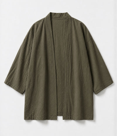 Olive green haori jacket with open front and wide three-quarter sleeves