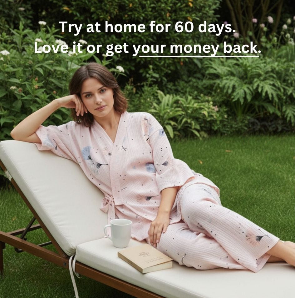Woman relaxing on a garden lounger in a pink floral samue set, kimono-style top and matching pants