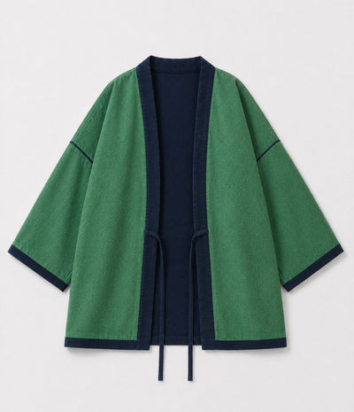 Reversible green and navy haori jacket with tie cords, front view