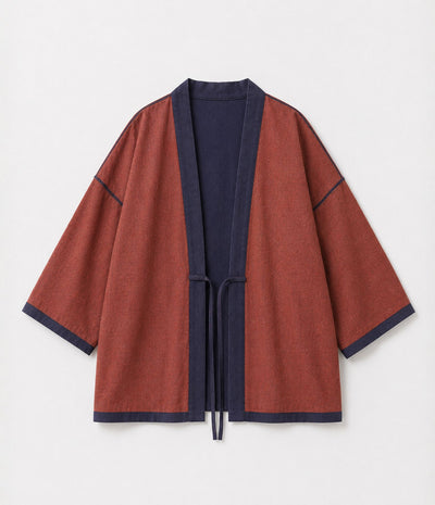 Reversible rust and navy haori jacket with tie cords, front view