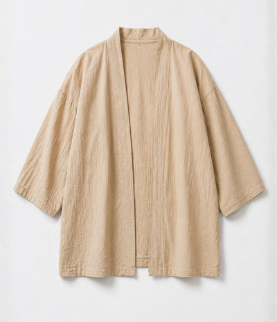 Sand beige unisex haori jacket with open front, flat lay