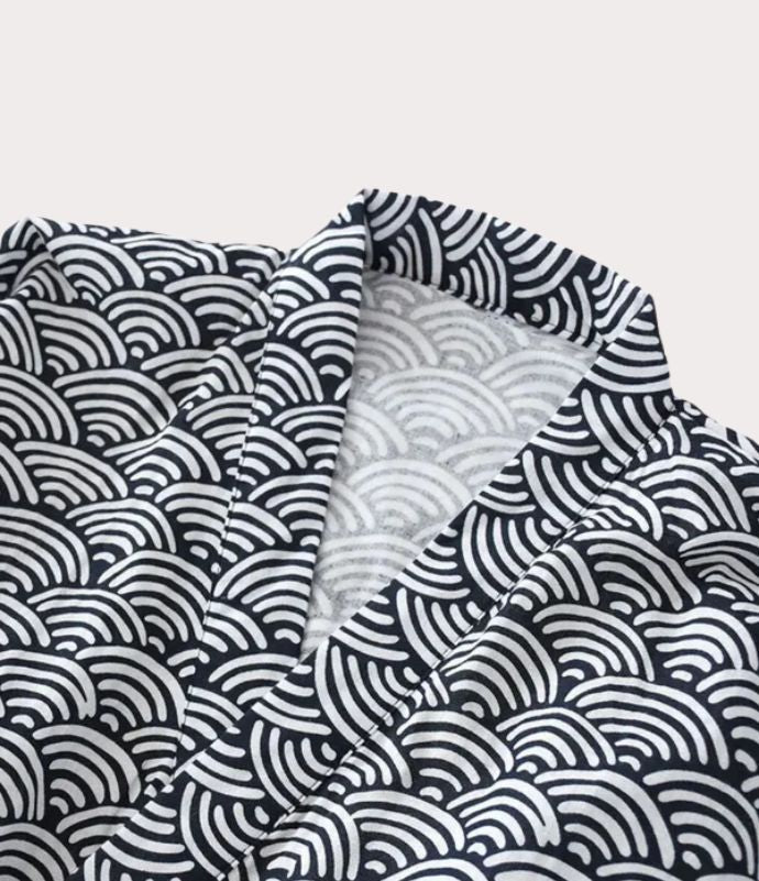 Close-up of samue top collar, a Japanese cotton pajamas style