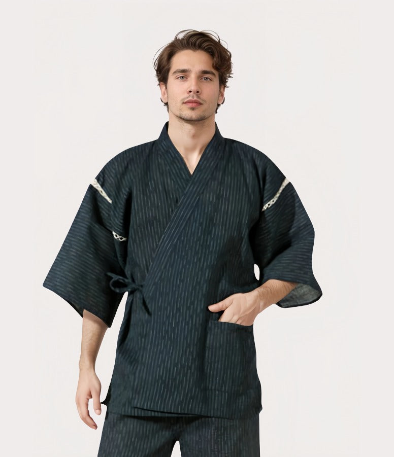 Front view of men's jinbei set, a comfortable kimono style for Japanese summer outfit