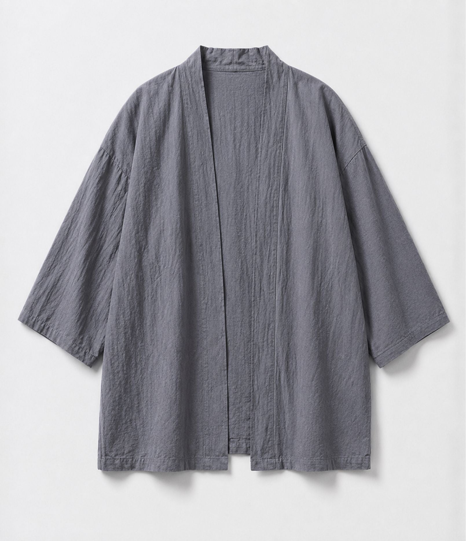 Slate grey haori jacket with open front and wide three-quarter sleeves