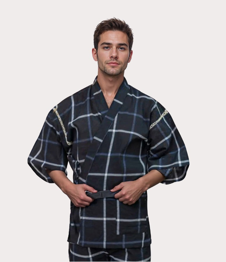 Front view of men's jinbei set, a casual kimono style for Japanese summer outfit