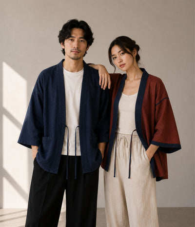 Couple wearing a reversible haori jacket, one in navy and one in rust
