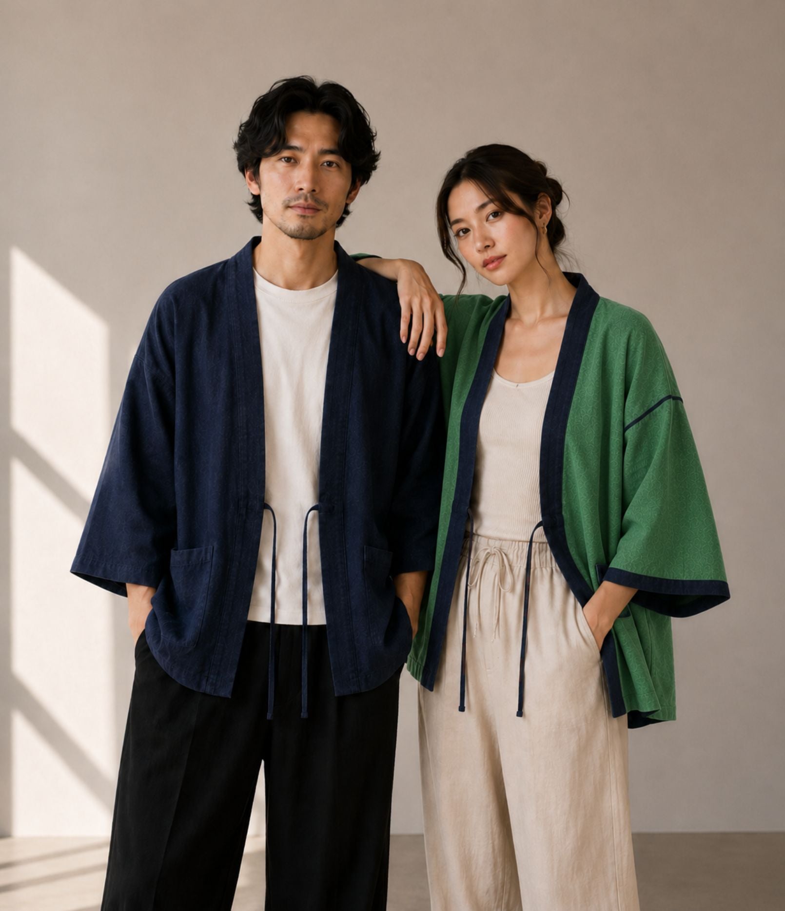 Couple wearing a reversible haori jacket, one in navy and one in green