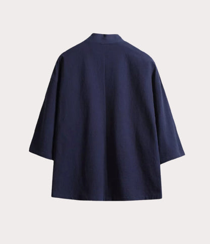 Veste haori japonaise bleu marine vue de dos, coupe ample