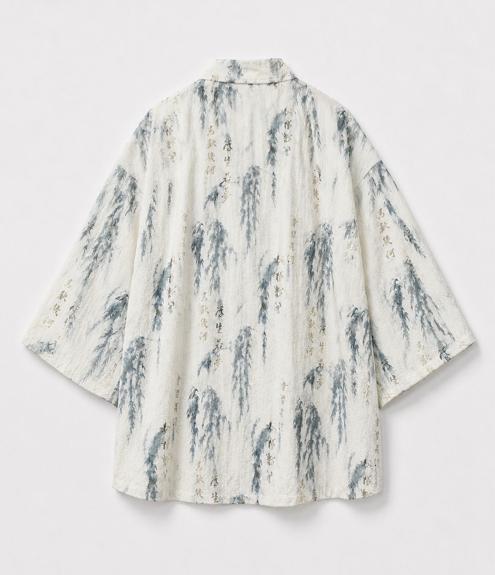 Back of an ivory willow-print kimono jacket with calligraphy detail