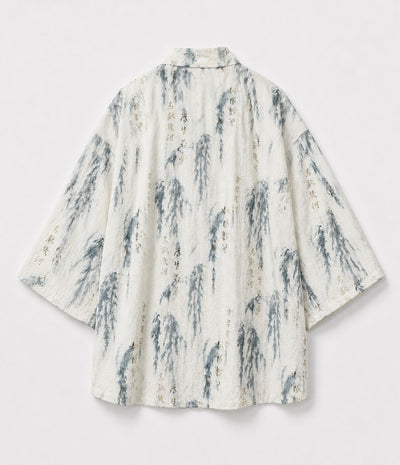 Back of an ivory willow-print kimono jacket with calligraphy detail